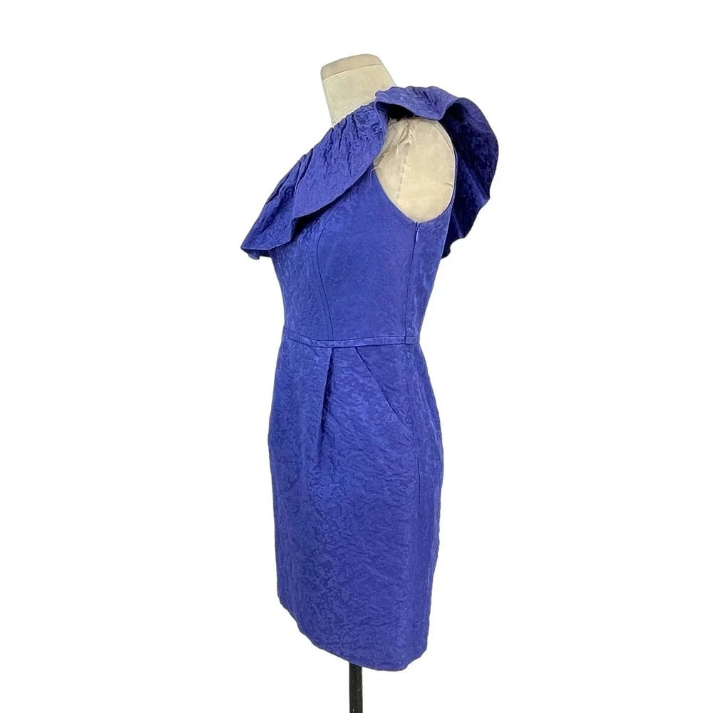 Shoshanna Ruffle One Shoulder Jacquard Textured Dress Blue‎ Size 4 - Picture 4 of 8